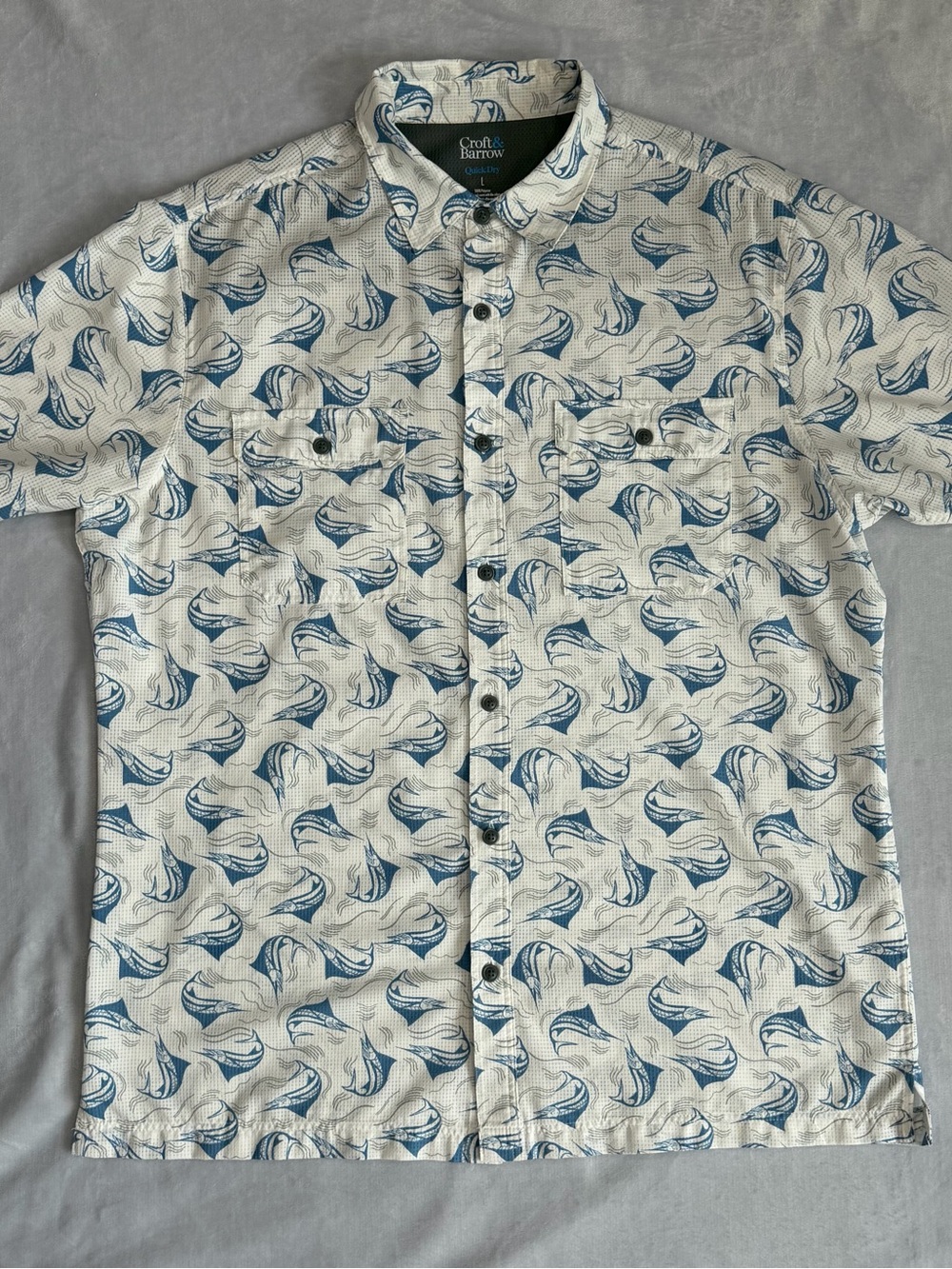 croft & barrow White Short-Sleeve Button-Down with Blue Fish Print